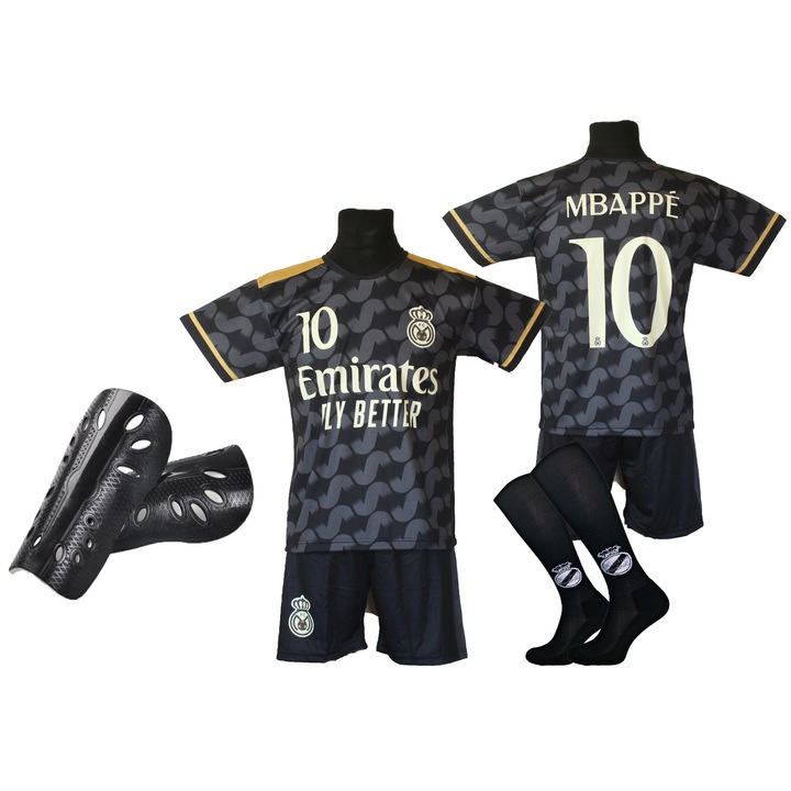 Комплект футболна екипировка, тениска, къси панталони, чорапи и предпазители, черен