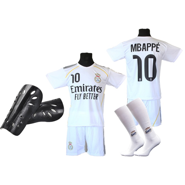 Комплект футболно оборудване, фланелка, къси панталони, чорапи и предпазители, бял