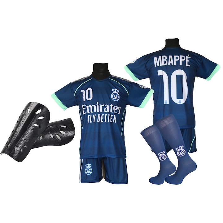 Комплект футболна екипировка, фланелка, шорти, чорапи и предпазители, тъмносин