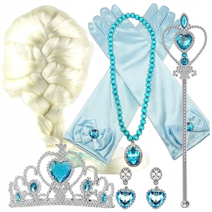 Set costum carnaval TuTuu Elsa, manusi albastre, coroana, bat, peruca, bijuterii