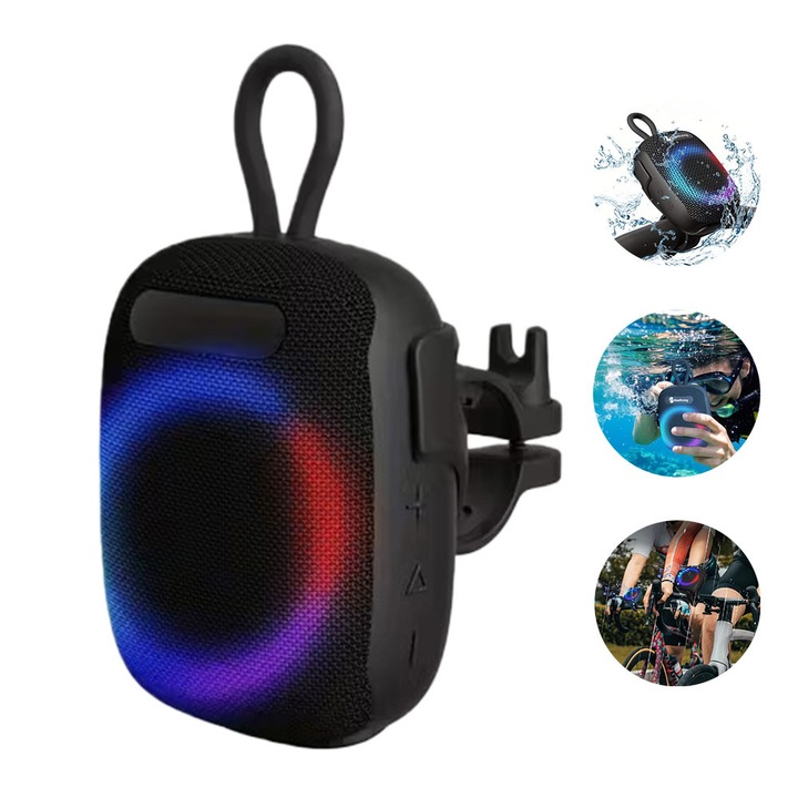 Boxa Bluetooth Portabila IPX7 - 5W Sunet Puternic, Lumina RGB, USB/TF, Hands-Free, 10h Autonomie, Negru
