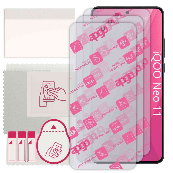 3x apgo Ultra-Clear Hybrid sticla protectoare compatibila cu iQOO Neo 11, sticla nano flexibila, inlocuire excelenta pentru sticla temperata