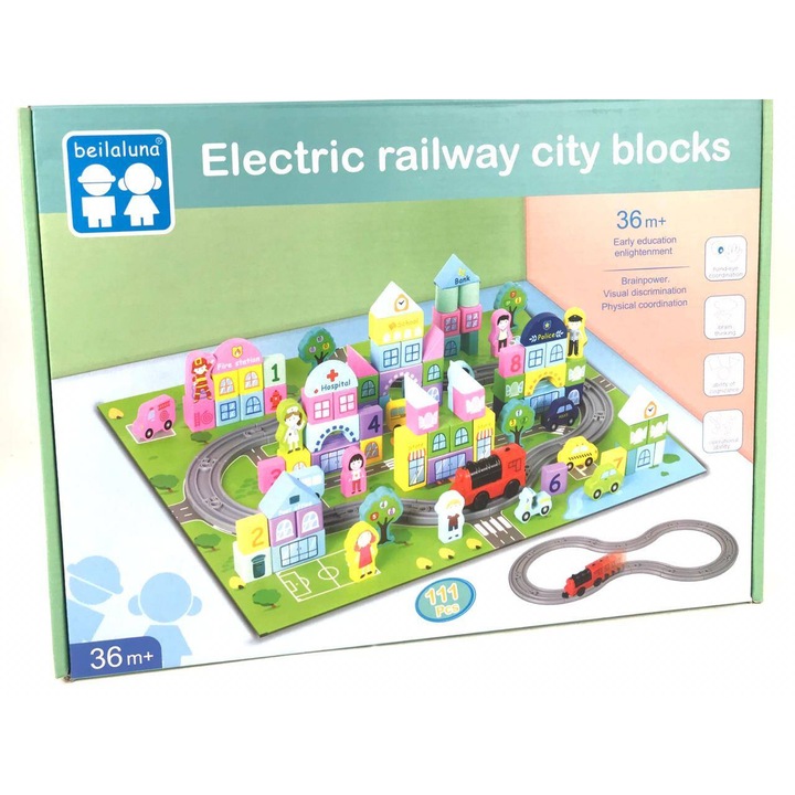 Set de constructie, maksik, klocki Electric railway city, 111 piese, colorat, pentru 36 luni+