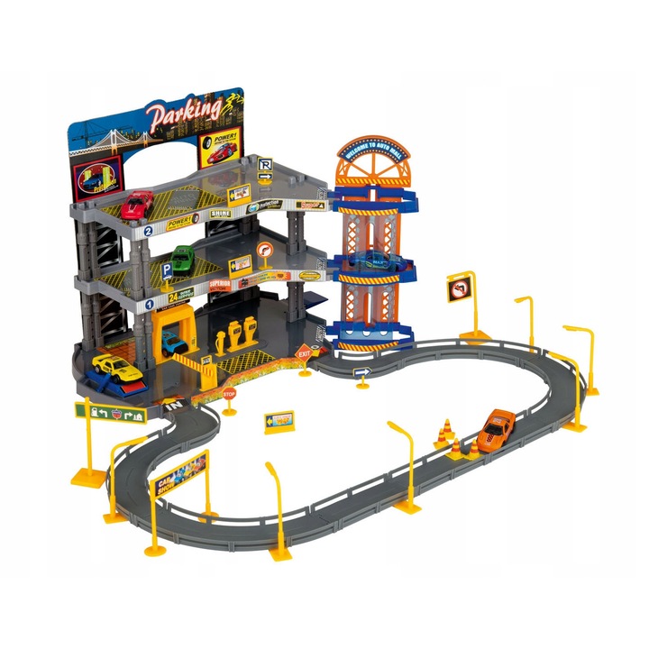 Playtive 3 szintes garázs, 6 járműves készlet, 56,5x50x27cm, többszínű