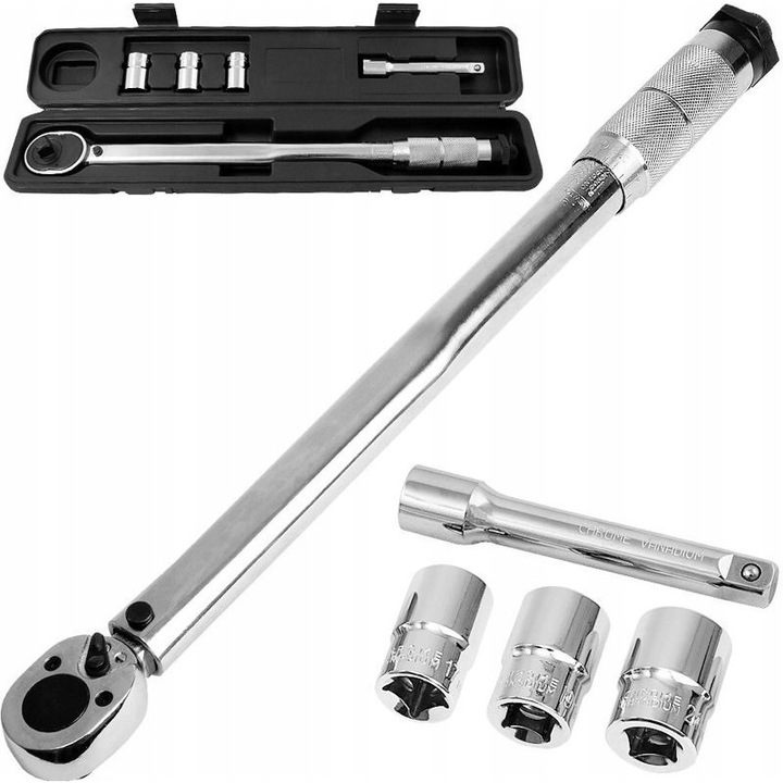 Динамометричен ключ Niteo, 210 Nm, комплект с 3 накрайника (17, 19, 21 мм) и удължител, хром-ванадиева стомана