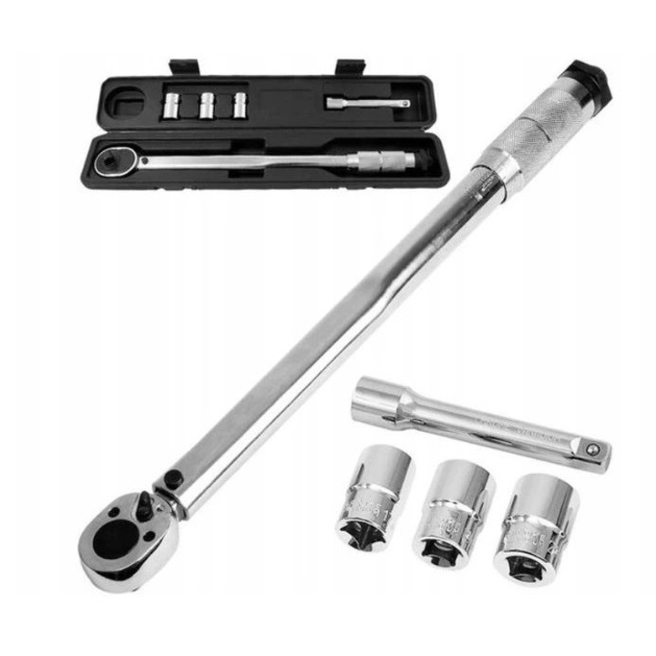 Cheie Dinamometrică NITEO TOOLS 210 Nm, Set cu 3 tubulare 17x19x21 mm, prelungire 125 mm, otel crom-vanadiu