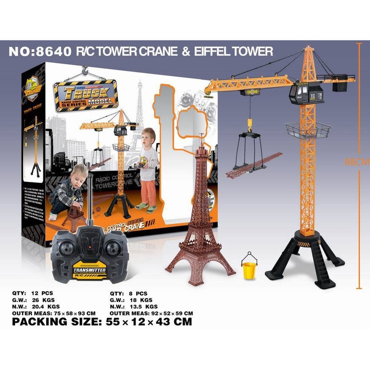 Macara de constructie Maksik, 88cm, cu telecomanda, turn Eiffel 45cm, set complet
