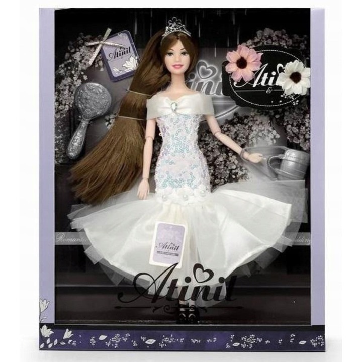 Atini babakészlet kiegészítőkkel, fehér menyasszonyi ruha, hosszú, barna haj