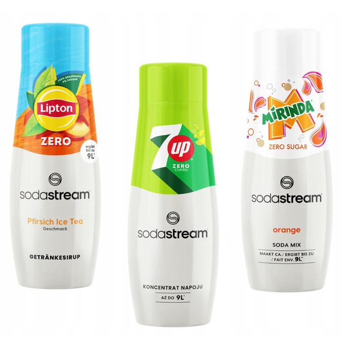 Set 3 siropuri SodaStream - Lipton Ice Tea Peach Zero, 7up Free, Mirinda Zero, 3x440ml