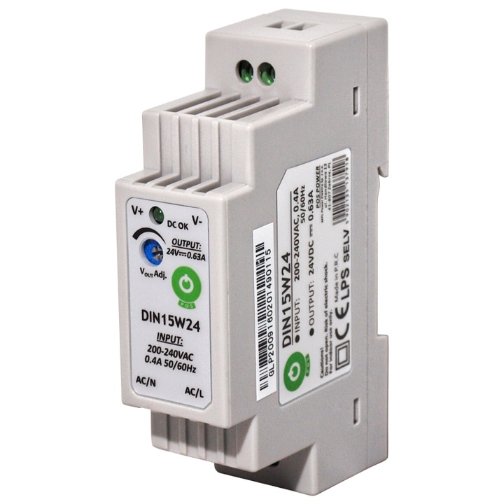 Sursa de alimentare pe sina DIN, luka, 15V/1A, plastic, protectie la suprasarcina, 200000h MTBF