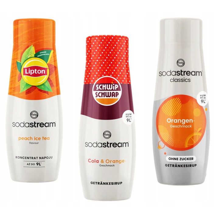 Set 3 siropuri SodaStream - Lipton Ice Tea Peach, Schwip Schwap, Orange Zero, 440ml