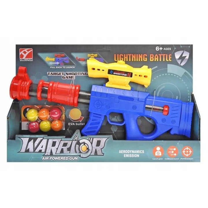 Pistol de jucarie WARRIOR Lightning Battle, MAKSIK, 6 ani+, sistem aerodynamic, mecanism pull-back, multicolor