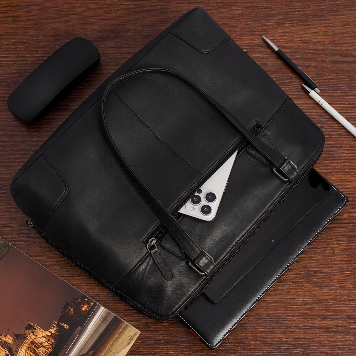 Geanta laptop dama Beltimore N35black, piele naturala, capacitate A4, organizare excelenta, culoare neagra