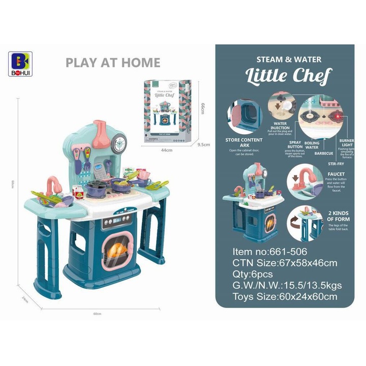 Set bucatarie interactiva Maksik Little Chef, 6 piese, efecte de abur si apa, 60x24x60cm