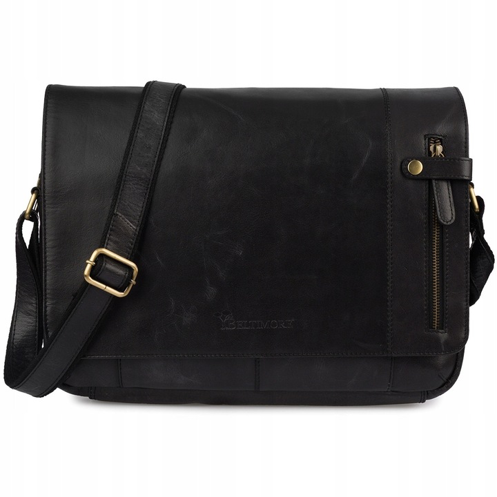 Férfi táska természetes bőrből, vintage, fekete, A4-es dokumentumokhoz, 4 zsebbel, állítható pánttal, Beltimore