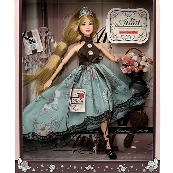 Set papusi, Maksik, printesa cu par blond, rochie eleganta, 33,5x28x6,5cm