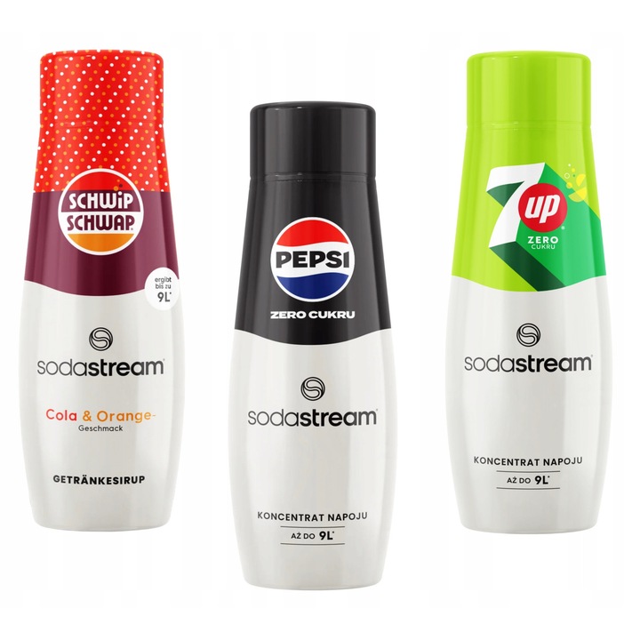 Set 3 siropuri SodaStream Schwip Schwap, PepsiMAX, 7UP Zero, 440ml fiecare, pentru 9 litri bautura