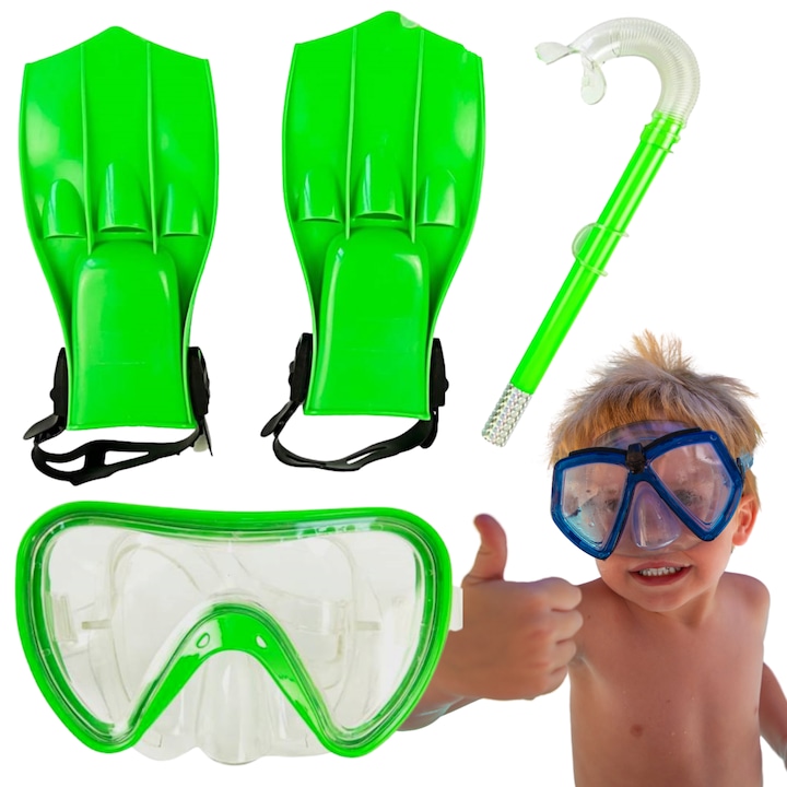 Gyermek búvárkészlet, MAKSIK, maszk, légzőcső, uszony, zöld, kék, 40x20x10cm