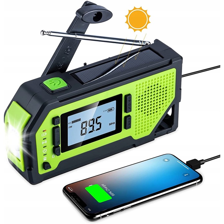 Radio portabil Olycism cu solar, 2000mAh, IPX3, verde