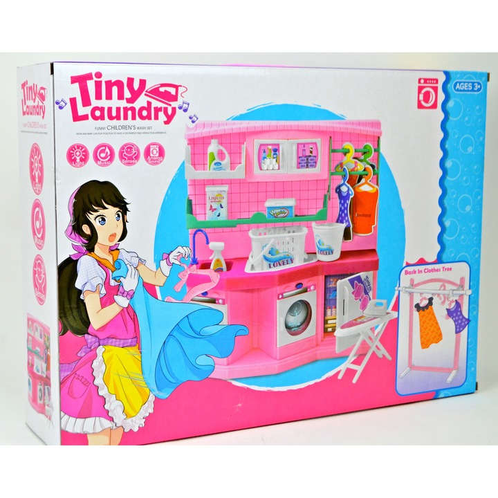 Set de joaca pentru spalatorie copii, Maksik, masina de spalat functionala, accesorii, multicolor, 3 ani+