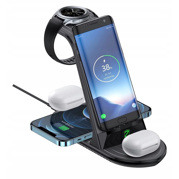 Incarcator wireless 4 in 1, Luka, compatibil QI, pentru 4 dispozitive, negru, cu adaptor Quick Charge 3.0