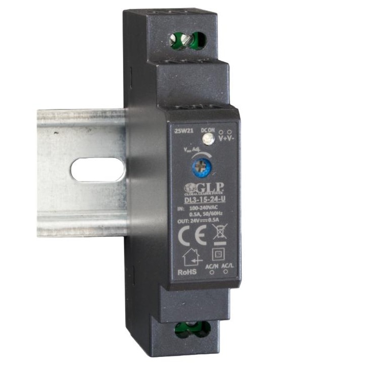 Sursa de alimentare DIN GLP 24V/0.63A, plastic, 90-264VAC, categoria OVC III