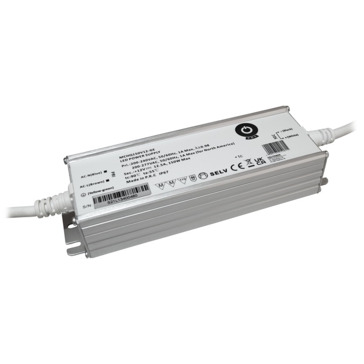 Driver LED 12V/12.5A 150W, POS, carcasa metalica, PFC, IP67, pentru mediu umed