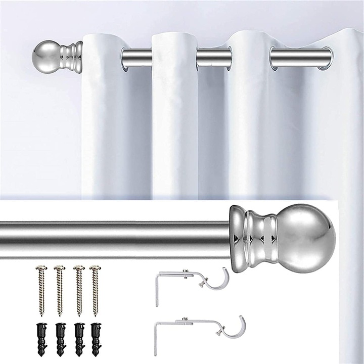 Bara de perdea extensibilă 76-228 cm, metal, argintiu, set cu terminatii rotunde