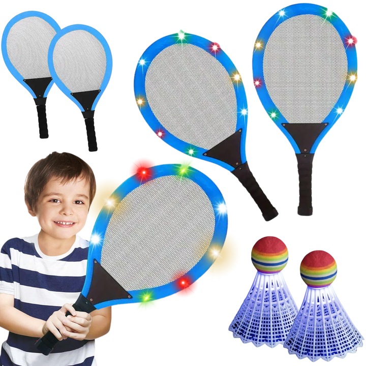 Set de badminton LED, Maksik, 2 rachete, 2 fluturas, multicolor, 55,5x28cm