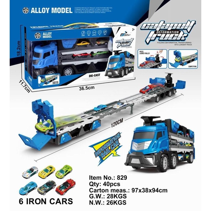 Set masinute ALLOY MODEL, 6 masini metalice, remorca cu rampa, 120x10cm, multicolor