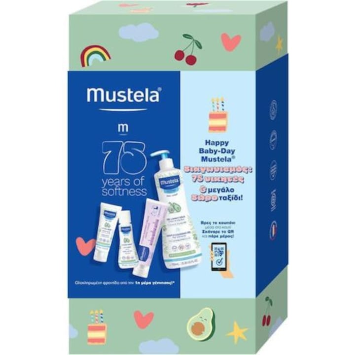MUSTELA Set produse pentru ingrijirea bebelusului: Gel de curatare 750ml, Crema pentru schimbarea scutecelor 110g, Crema hidratanta pentru fata 40ml, Lotiune hidratanta pentru corp 50ml