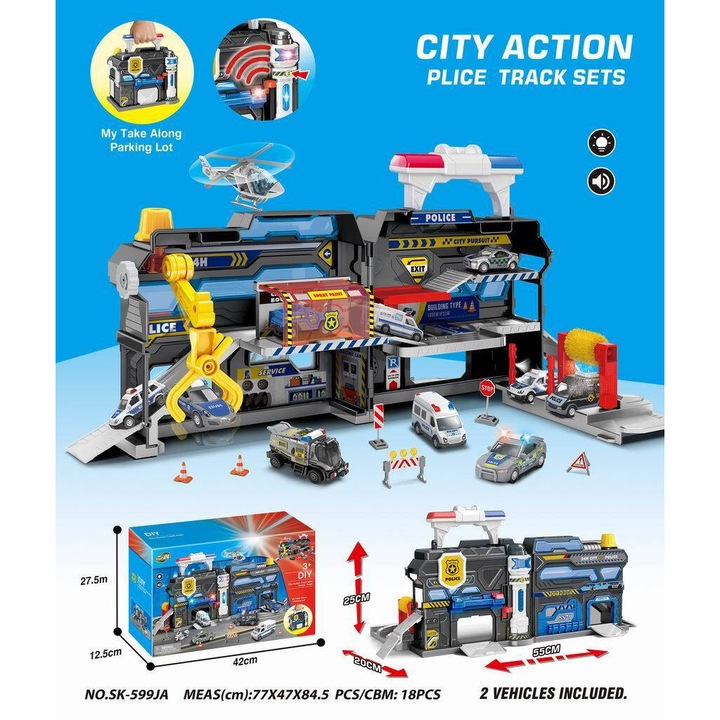 Set parcare politieneasca, Maksik, 2 vehicule, heliport, 77x47x84,5cm