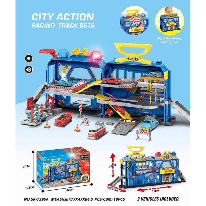 Set pista de curse CITY ACTION, Maksik, 2 masini, 18 piese, 56x18x23cm