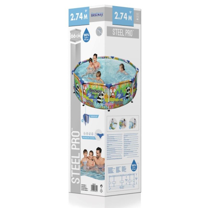 Bestway 259x66cm-es medence fémvázzal, 3221 literes űrtartalom, DuraPlus anyag, színes állatgrafika