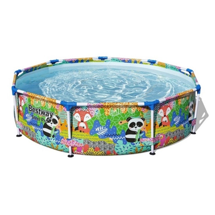 Piscina cu structura Bestway 259x66cm, capacitate 3221l, material DuraPlus, grafica colorata cu animale