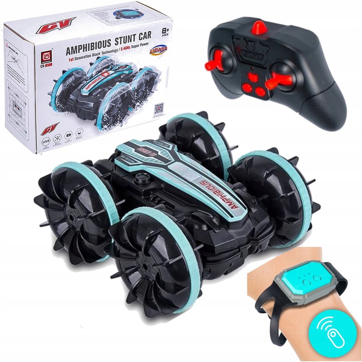 Masinarc terena RC Amphibious Stunt Car, control gestual, LED, 15x14x7.5cm, set complet