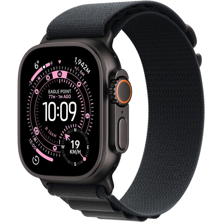 Ceas inteligent Apple Watch Ultra 3, Cellular, 49mm, titan negru, curea neagră, dimensiune mică