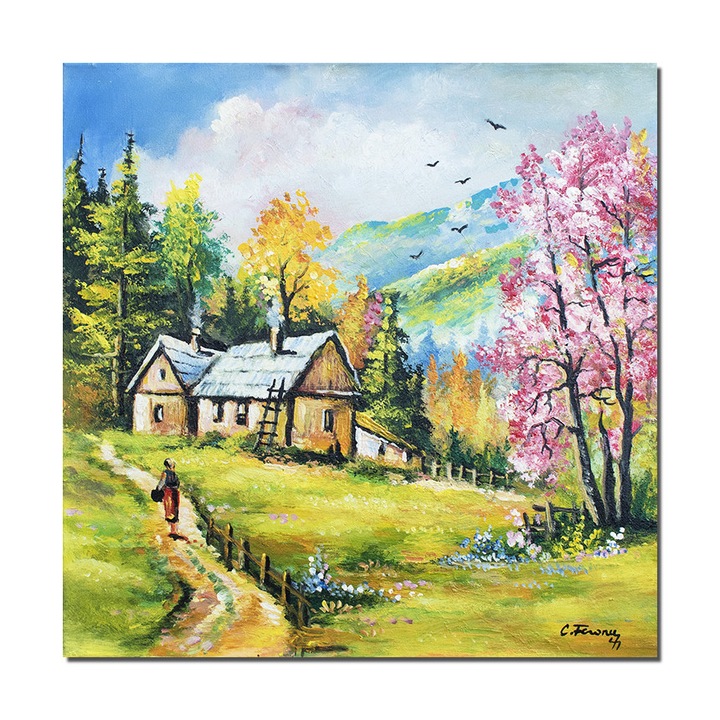 Tablou patrat pictat manual, Peisaj de la munte cu copac inflorit, 50x50cm ulei pe panza, Constantin Feraru