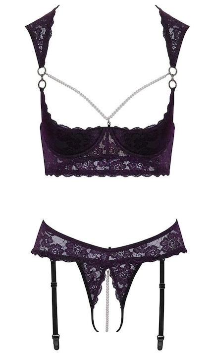 Cottelli szexi fehérnemű szett, lila csipke fekete részletekkel, állítható pántok, levehető nyaklánc, 2 darab, L INTL