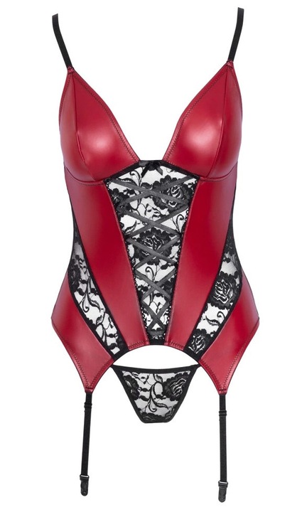 Fűző szexi Cottelli, csipke, pántok, tanga szett, poliamid/elasztán, piros/fekete, S INTL