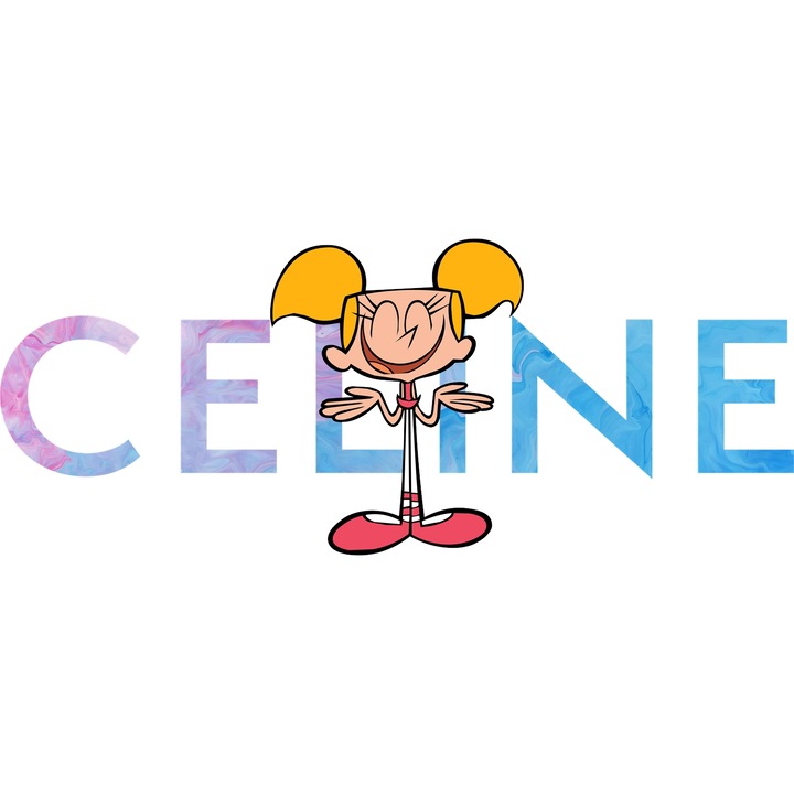 Sticker Adeziv Cu Laboratorul lui Dexter, Cu Textul "Celine" - Design 1, cu Margini Albe, PVC Vinyl 10CM