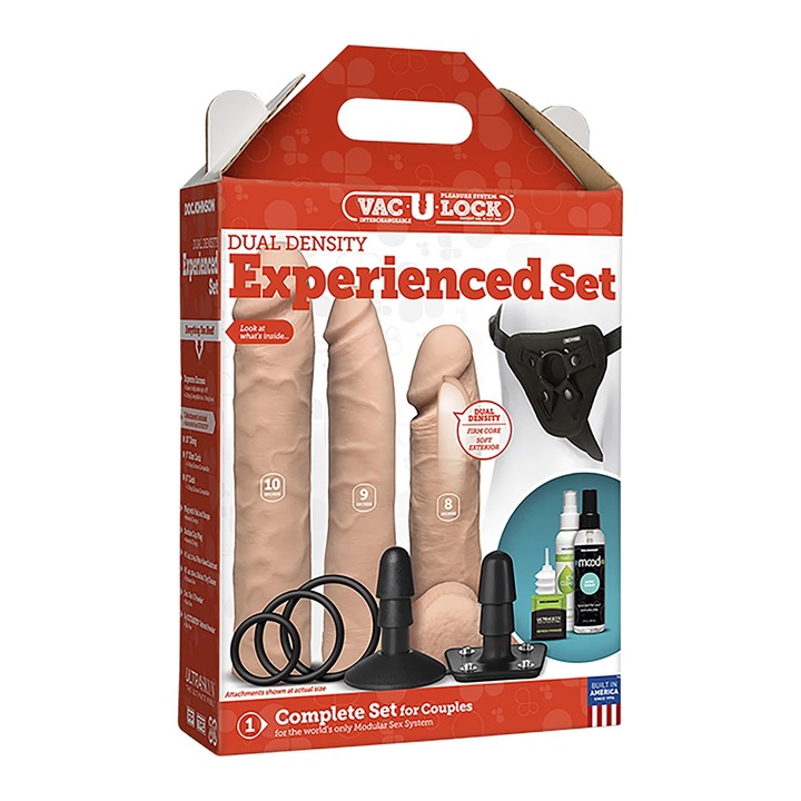Set strap-on Doc Johnson Vac-U-Lock Advanced, 3 accesorii ULTRASKYN, natural, 15,2x17,8x20,3cm