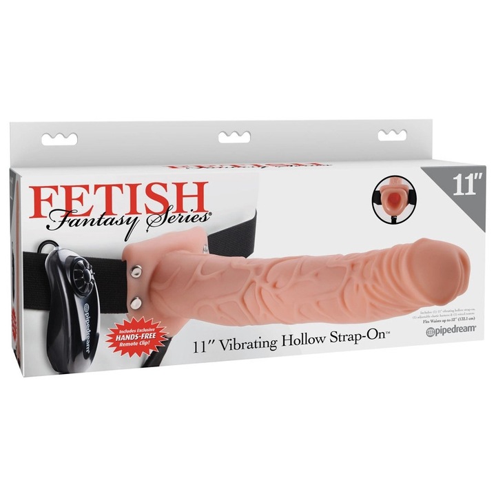 Strap-On cu Vibrator Fetish Fantasy, 29 cm, negru, cu masca pe ochi, reglabil