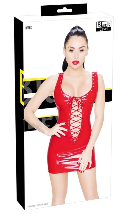 Rövid, szexi ruha Black Level, elöl-hátul megkötős, fényes, piros, M INTL