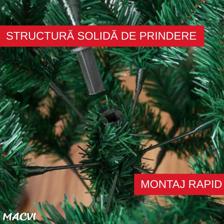Set Brad de Craciun Artificial Macvi®, 1.8 m cu Suport Metalic si Set Complet Decoratiuni Instalatie multicolor 100 LED-uri de 4 m, Ramuri Bogate, Aspect Natural