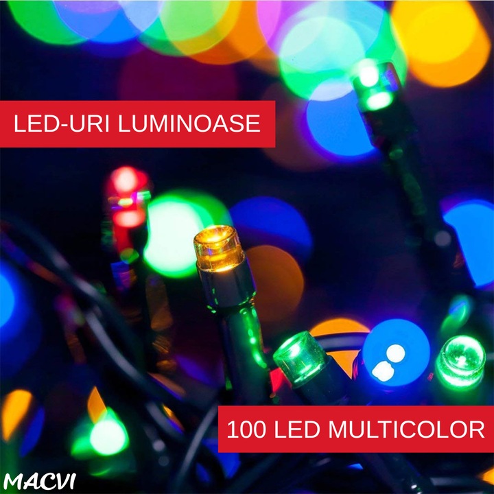 Set Brad de Craciun Artificial Macvi®, 1.8 m cu Suport Metalic si Set Complet Decoratiuni Instalatie multicolor 100 LED-uri de 4 m, Ramuri Bogate, Aspect Natural