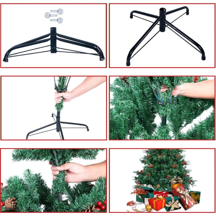 Set Brad de Craciun Artificial Macvi®, 1.8 m cu Suport Metalic si Set Complet Decoratiuni Instalatie multicolor 100 LED-uri de 4 m, Ramuri Bogate, Aspect Natural