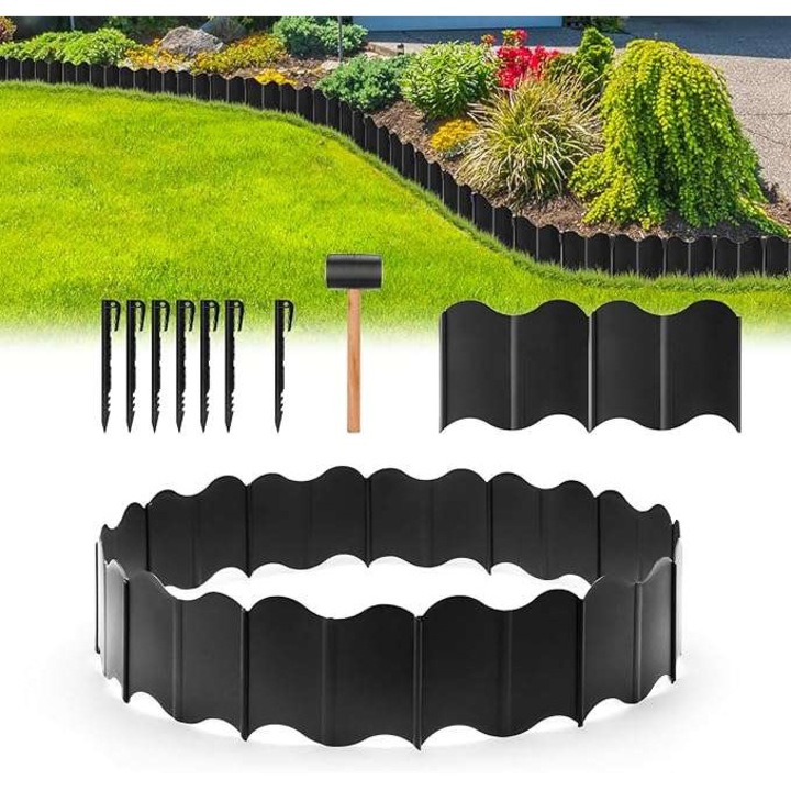 CE Градински бордюр, комплект 160 бр., пластмаса, 16x13,5x0,5 см, черен