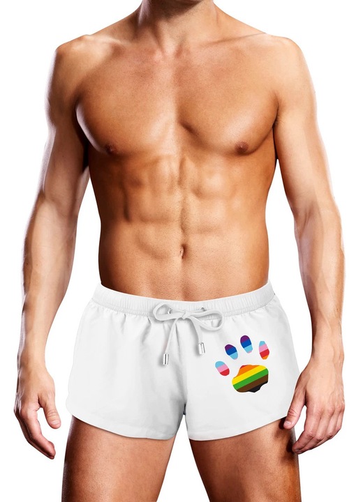 Costum de baie boxeri Prowler, alb, design modern, talie elastica cu snur reglabil, logo in culorile Progress Pride