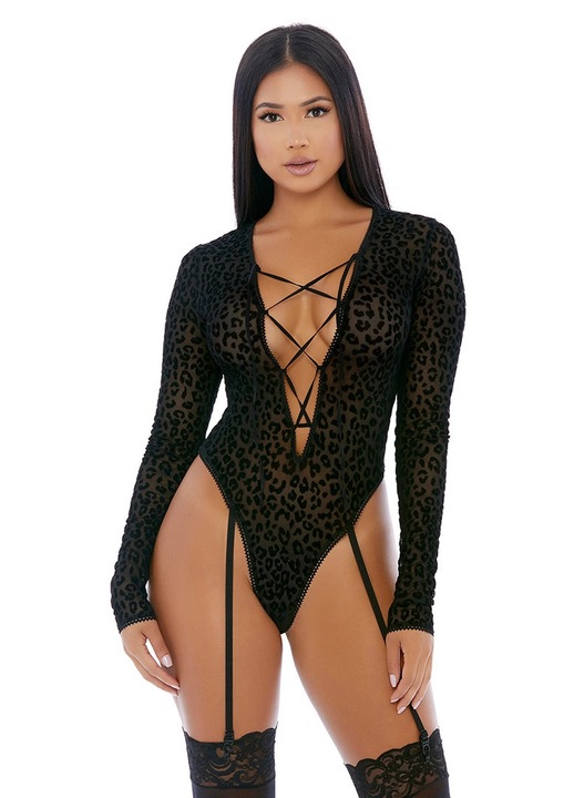 Body sexy Forplay Feline, maneca lunga, negru, material elastic, XL INTL